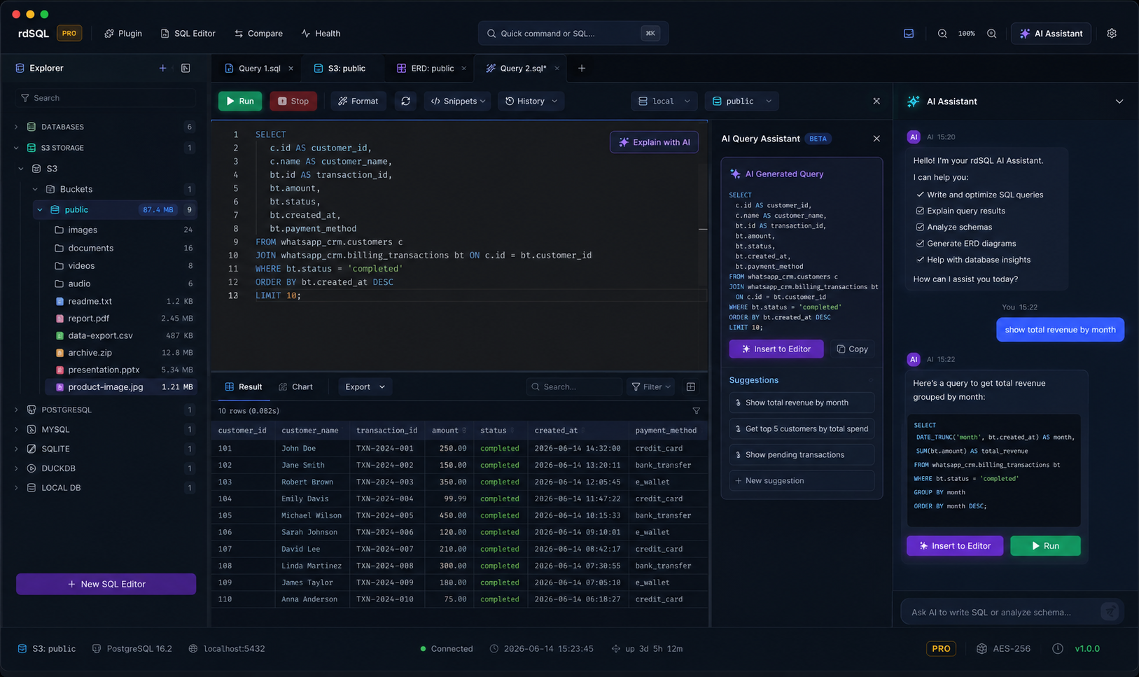 rdSQL Desktop AI Database Assistant — schema-aware chat panel that writes, explains, and runs SQL