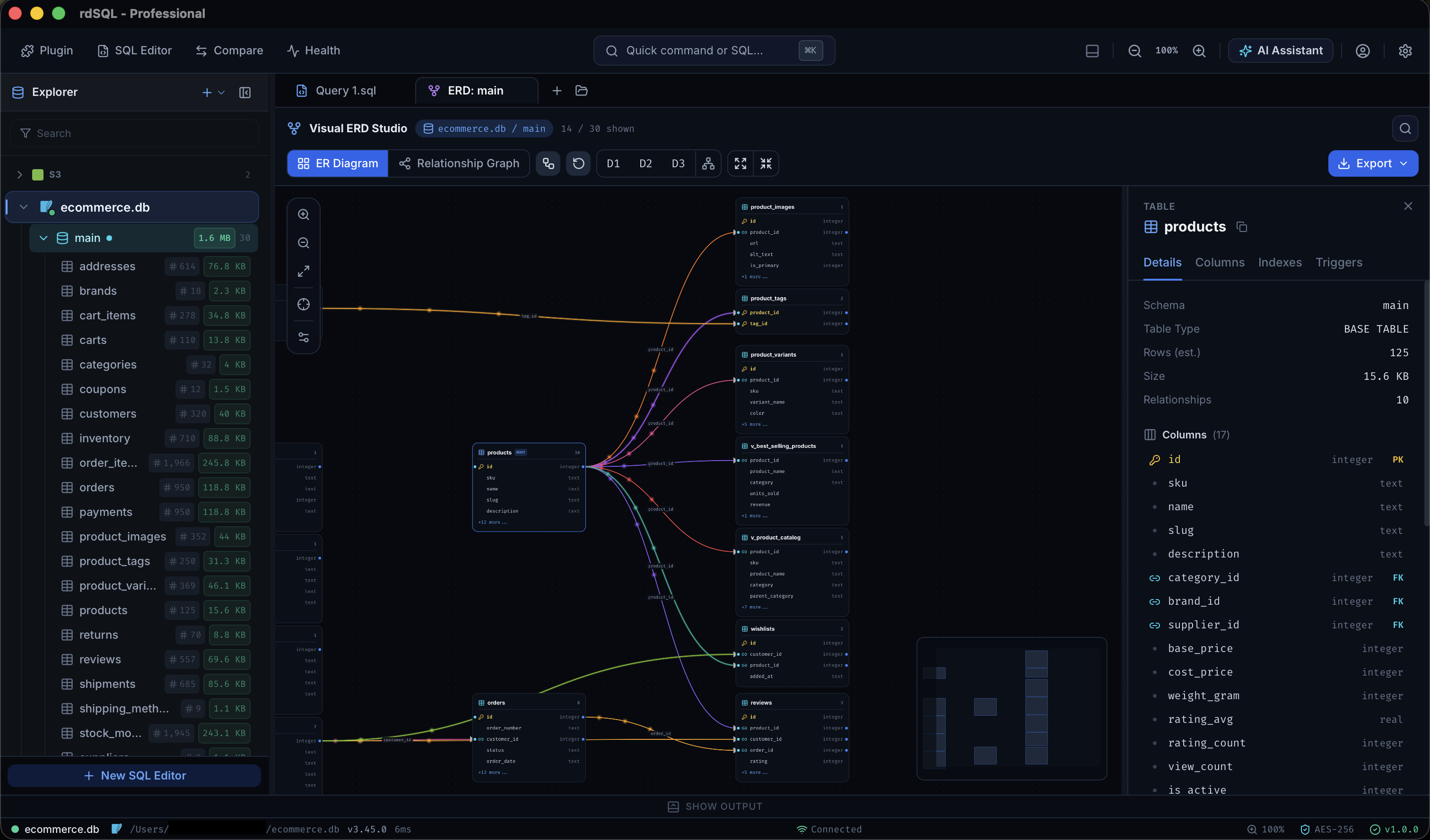rdSQL Desktop Visual ERD Studio — ER Diagram view with every table, column, and relationship laid out automatically