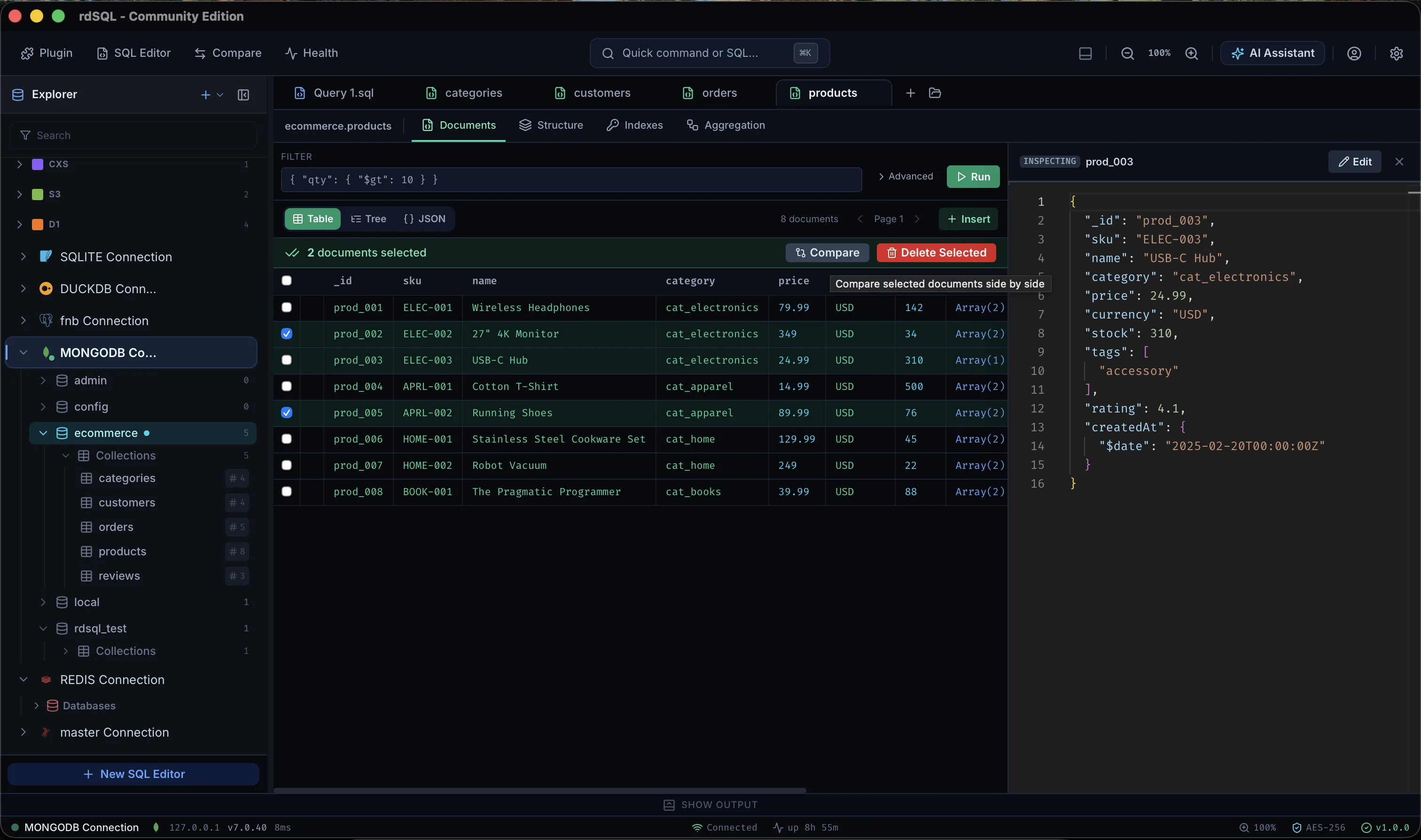 rdSQL Desktop connected to a MongoDB database, comparing two documents side by side