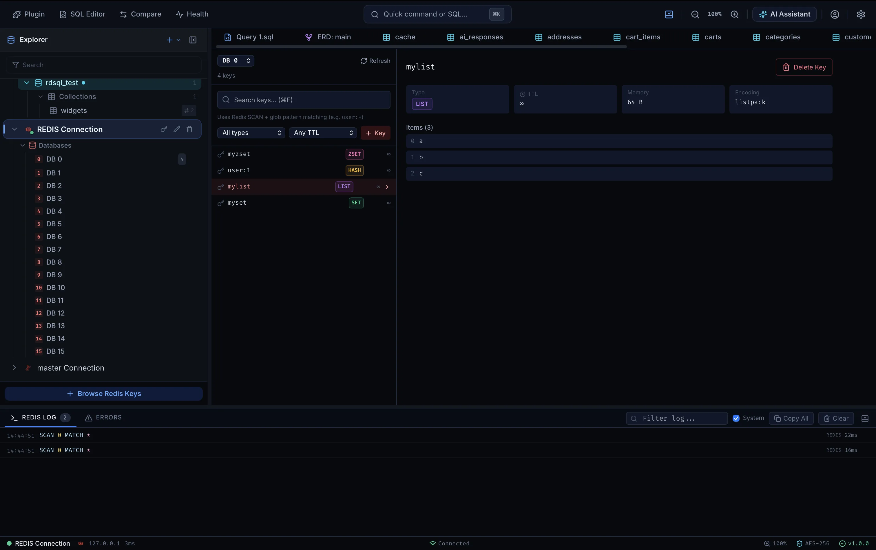 rdSQL Desktop connected to a Redis database, inspecting a STRING key with TTL and memory details